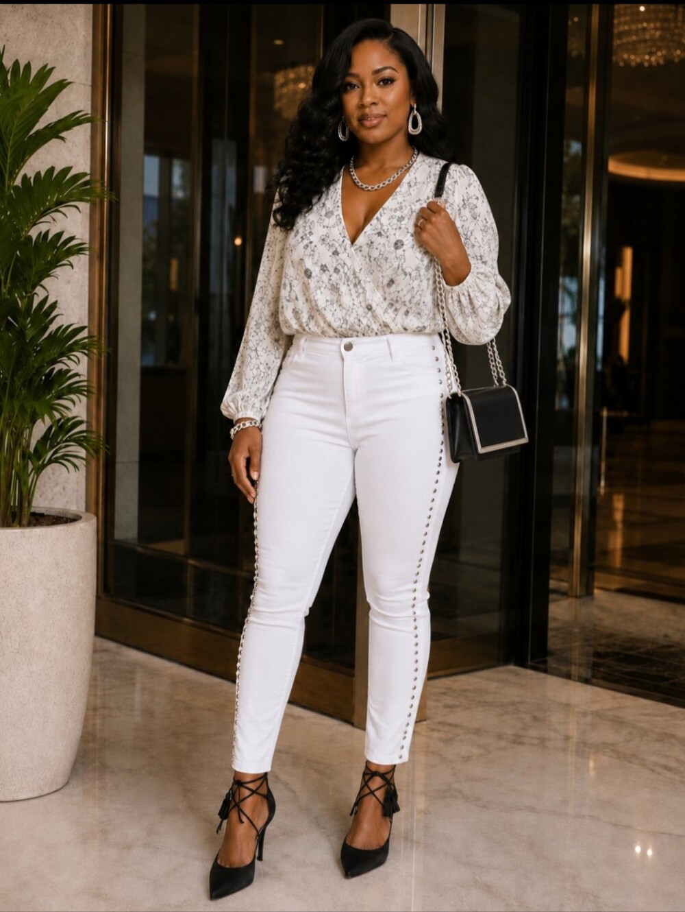 🔥Chic White Boutique Look –  INC Studded Skinny Jeans